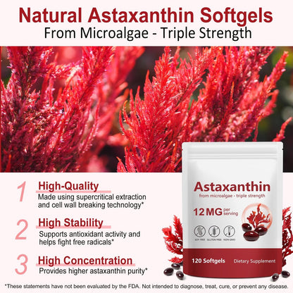 Xaarty Premium Astaxanthin 12 mg – Natürliches Antioxidans für Augen-, Gelenk- und Hautgesundheit, Mikroalgen-Quelle, 4-Monats-Vorrat, 120 Weichkapseln
