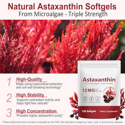 Xaarty Premium Astaxanthin 12 mg – Natürliches Antioxidans für Augen-, Gelenk- und Hautgesundheit, Mikroalgen-Quelle, 4-Monats-Vorrat, 120 Weichkapseln
