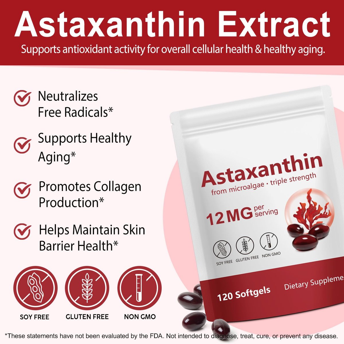Xaarty Premium Astaxanthin 12 mg – Natürliches Antioxidans für Augen-, Gelenk- und Hautgesundheit, Mikroalgen-Quelle, 4-Monats-Vorrat, 120 Weichkapseln