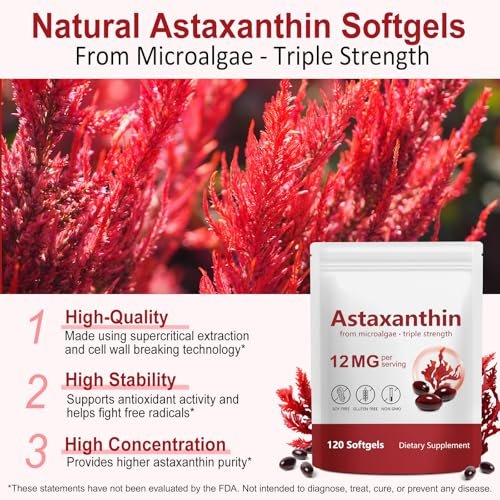 SDJUFEI Astaxanthin 12 mg Nahrungsergänzung, Antioxidans Kapseln, 120 Softgels für 4 Monate Vorrat – Premium natürliche Mikroalgen, unterstützt Wohlbefinden für Haut, Augen und Gelenke, Nicht-GVO & glutenfrei