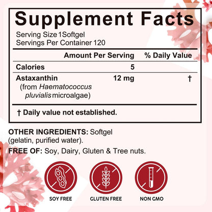 Xaarty Premium Astaxanthin 12 mg – Natürliches Antioxidans für Augen-, Gelenk- und Hautgesundheit, Mikroalgen-Quelle, 4-Monats-Vorrat, 120 Weichkapseln