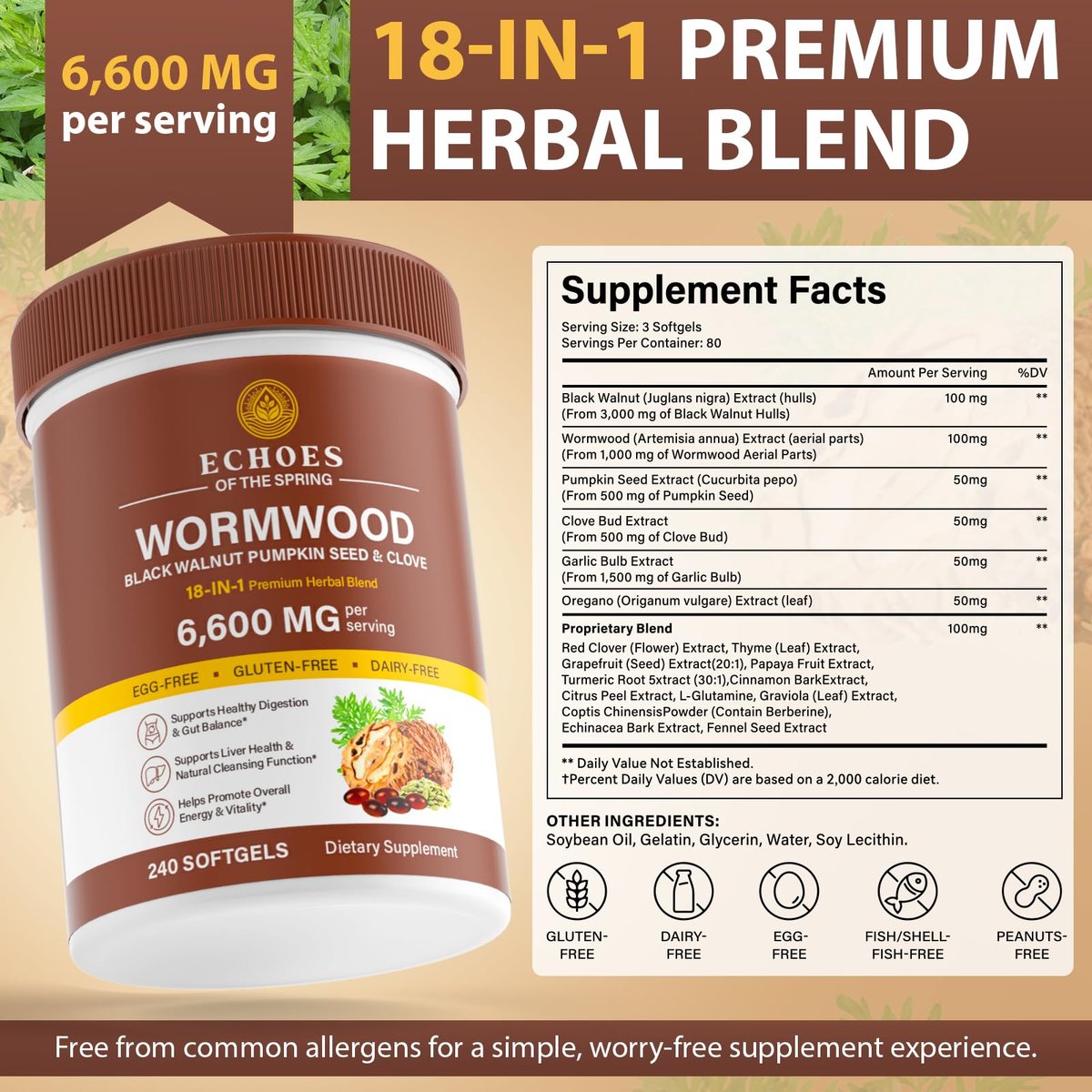 Wermut Schwarznuss Nelke Reinigung für Menschen – 18-in-1 Kräuter-Darmgesundheit & Verdauungsunterstützung, 6600mg pro Portion, 240 Softgels (80-Tage-Vorrat), mit Kürbiskern, Knoblauch & Oregano