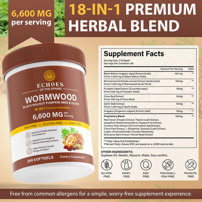 Wermut Schwarznuss Nelke Reinigung für Menschen – 18-in-1 Kräuter-Darmgesundheit & Verdauungsunterstützung, 6600mg pro Portion, 240 Softgels (80-Tage-Vorrat), mit Kürbiskern, Knoblauch & Oregano