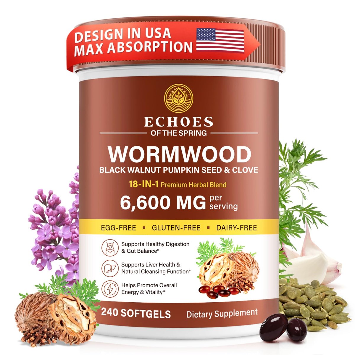 Wermut Schwarznuss Nelke Reinigung für Menschen – 18-in-1 Kräuter-Darmgesundheit & Verdauungsunterstützung, 6600mg pro Portion, 240 Softgels (80-Tage-Vorrat), mit Kürbiskern, Knoblauch & Oregano