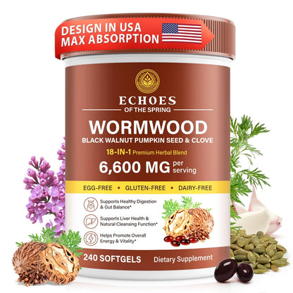 Wermut Schwarznuss Nelke Reinigung für Menschen – 18-in-1 Kräuter-Darmgesundheit & Verdauungsunterstützung, 6600mg pro Portion, 240 Softgels (80-Tage-Vorrat), mit Kürbiskern, Knoblauch & Oregano