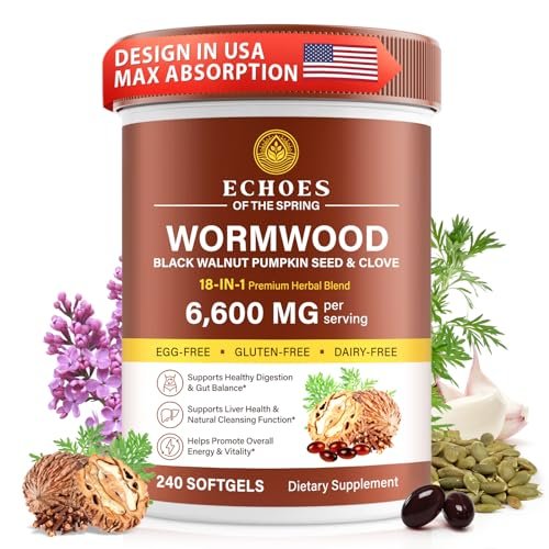 Wermut Schwarznuss Nelke Reinigung für Menschen – 18-in-1 Kräuter-Darmgesundheit & Verdauungsunterstützung, 6600mg pro Portion, 240 Softgels (80-Tage-Vorrat), mit Kürbiskern, Knoblauch & Oregano