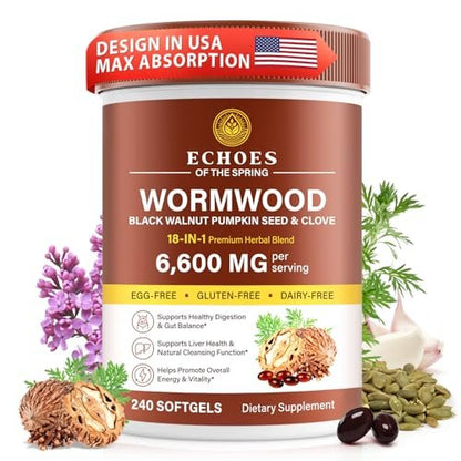 Wermut Schwarznuss Nelke Reinigung für Menschen – 18-in-1 Kräuter-Darmgesundheit & Verdauungsunterstützung, 6600mg pro Portion, 240 Softgels (80-Tage-Vorrat), mit Kürbiskern, Knoblauch & Oregano