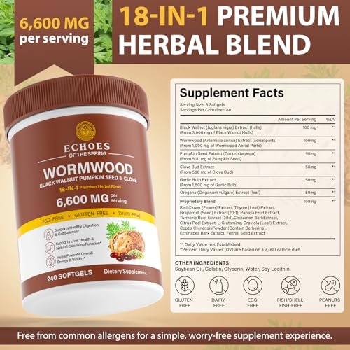 Wermut Schwarznuss Nelke Reinigung für Menschen – 18-in-1 Kräuter-Darmgesundheit & Verdauungsunterstützung, 6600mg pro Portion, 240 Softgels (80-Tage-Vorrat), mit Kürbiskern, Knoblauch & Oregano