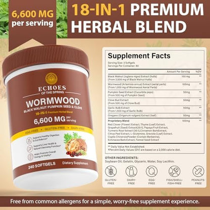 Wermut Schwarznuss Nelke Reinigung für Menschen – 18-in-1 Kräuter-Darmgesundheit & Verdauungsunterstützung, 6600mg pro Portion, 240 Softgels (80-Tage-Vorrat), mit Kürbiskern, Knoblauch & Oregano
