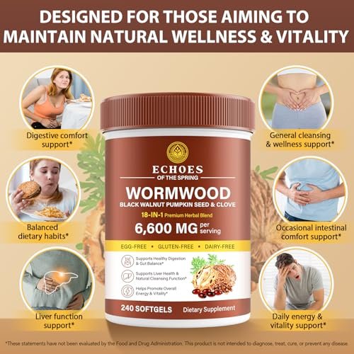 Wermut Schwarznuss Nelke Reinigung für Menschen – 18-in-1 Kräuter-Darmgesundheit & Verdauungsunterstützung, 6600mg pro Portion, 240 Softgels (80-Tage-Vorrat), mit Kürbiskern, Knoblauch & Oregano