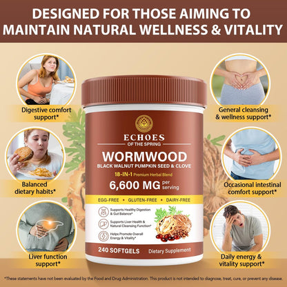 Wermut Schwarznuss Nelke Reinigung für Menschen – 18-in-1 Kräuter-Darmgesundheit & Verdauungsunterstützung, 6600mg pro Portion, 240 Softgels (80-Tage-Vorrat), mit Kürbiskern, Knoblauch & Oregano