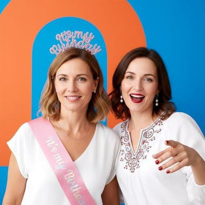 Ouligay Rosa Geburtstagsschärpe und Tiara mit Kristallstrasssteinen – Glitzernde Stirnband-Accessoires für Frauen und Mädchen, Party-Deko-Set