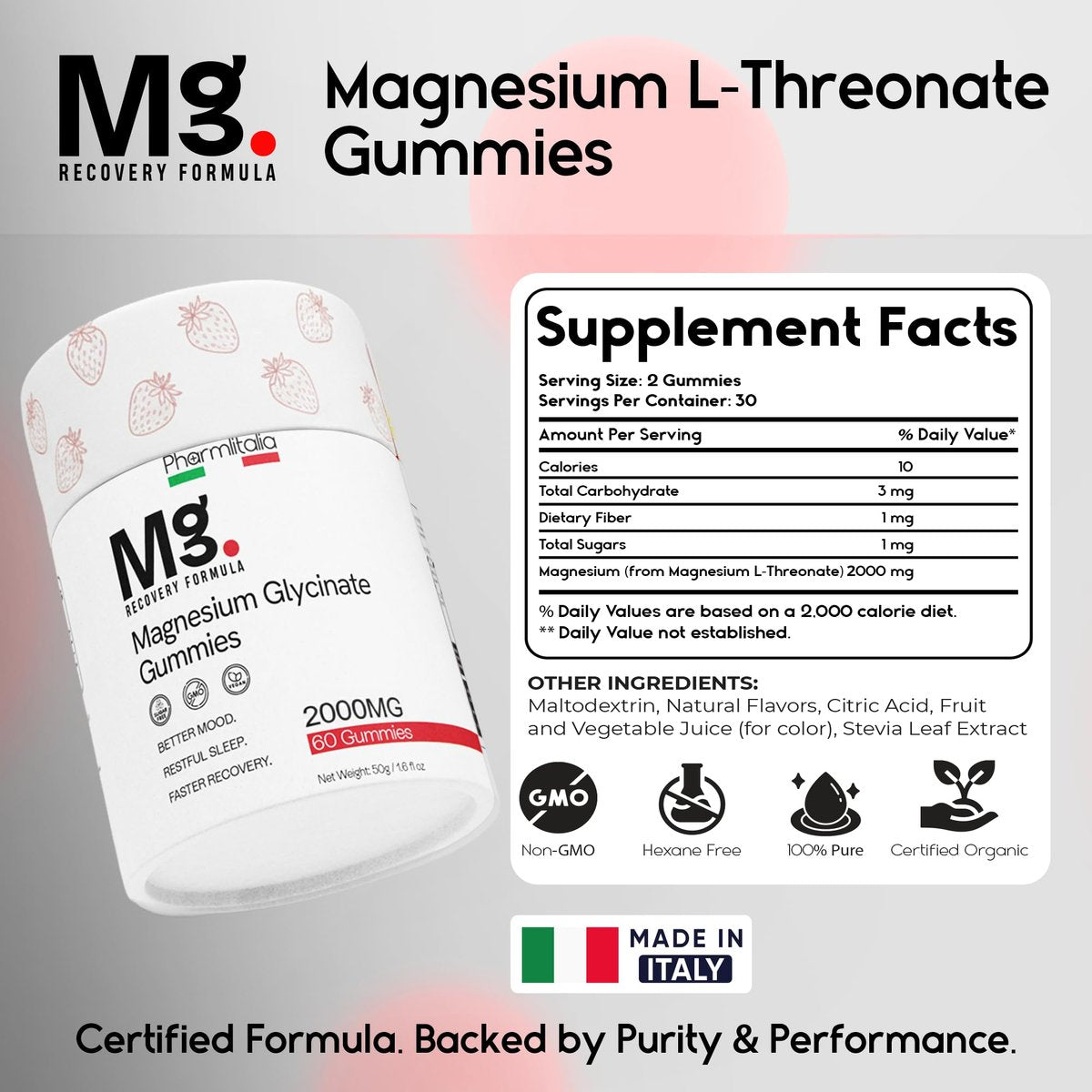 Magnesium-L-Threonat-Gummis für Erwachsene & Kinder 2000mg – Gehirnergänzung für Gedächtnis und Fokus – Beruhigende Magnesium-Gummis für besseren Schlaf und gesunden Geist – 60 Stück (Erdbeere)