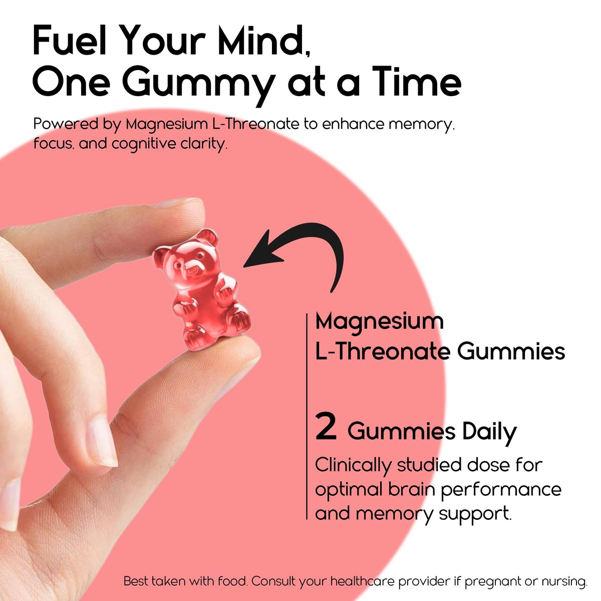 Magnesium-L-Threonat-Gummis für Erwachsene & Kinder 2000mg – Gehirnergänzung für Gedächtnis und Fokus – Beruhigende Magnesium-Gummis für besseren Schlaf und gesunden Geist – 60 Stück (Erdbeere)