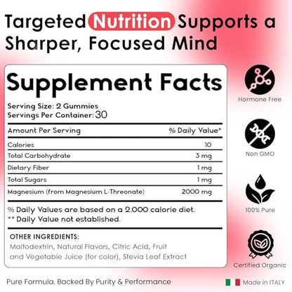 Magnesium-L-Threonat-Gummis für Erwachsene & Kinder 2000mg – Gehirnergänzung für Gedächtnis und Fokus – Beruhigende Magnesium-Gummis für besseren Schlaf und gesunden Geist – 60 Stück (Erdbeere)