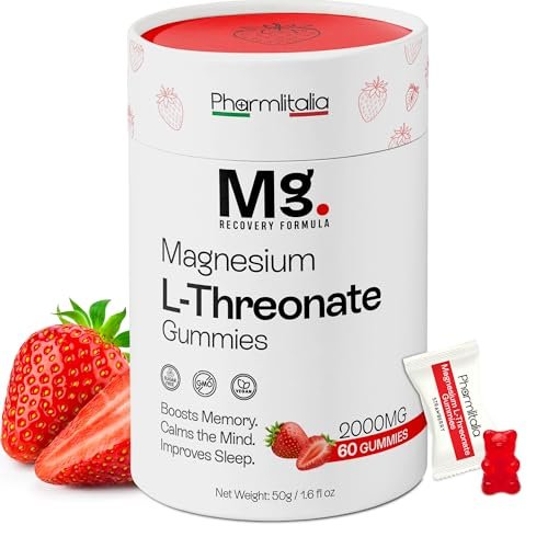 Magnesium-L-Threonat-Gummis für Erwachsene & Kinder 2000mg – Gehirnergänzung für Gedächtnis und Fokus – Beruhigende Magnesium-Gummis für besseren Schlaf und gesunden Geist – 60 Stück (Erdbeere)