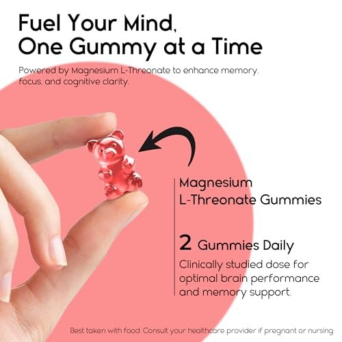 Magnesium-L-Threonat-Gummis für Erwachsene & Kinder 2000mg – Gehirnergänzung für Gedächtnis und Fokus – Beruhigende Magnesium-Gummis für besseren Schlaf und gesunden Geist – 60 Stück (Erdbeere)