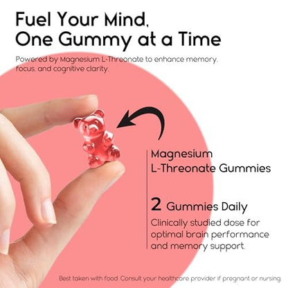 Magnesium-L-Threonat-Gummis für Erwachsene & Kinder 2000mg – Gehirnergänzung für Gedächtnis und Fokus – Beruhigende Magnesium-Gummis für besseren Schlaf und gesunden Geist – 60 Stück (Erdbeere)