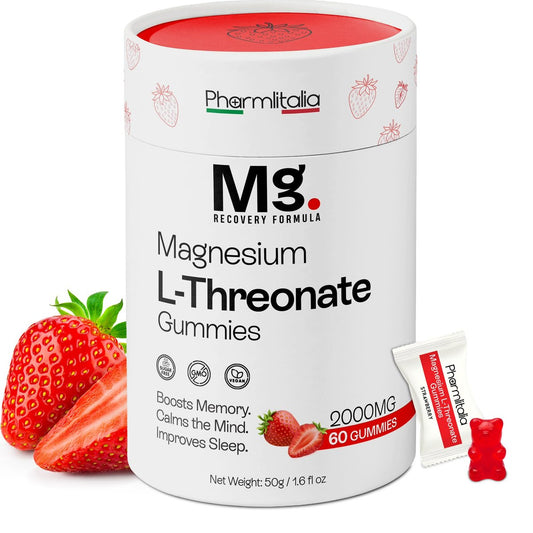 Magnesium-L-Threonat-Gummis für Erwachsene & Kinder 2000mg – Gehirnergänzung für Gedächtnis und Fokus – Beruhigende Magnesium-Gummis für besseren Schlaf und gesunden Geist – 60 Stück (Erdbeere)