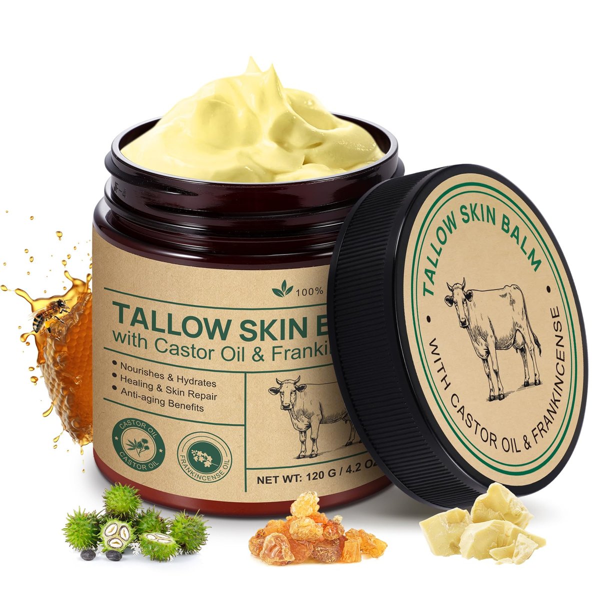 ZIXAOK 100% Grass-Fed Tallow, Organic Castor & Frankincense Oil Face Balm - Anti-Aging Feuchtigkeitscreme für empfindliche & trockene Haut, repariert die Hautbarriere, handgefertigt für Gesicht & Körper, 4,2 oz