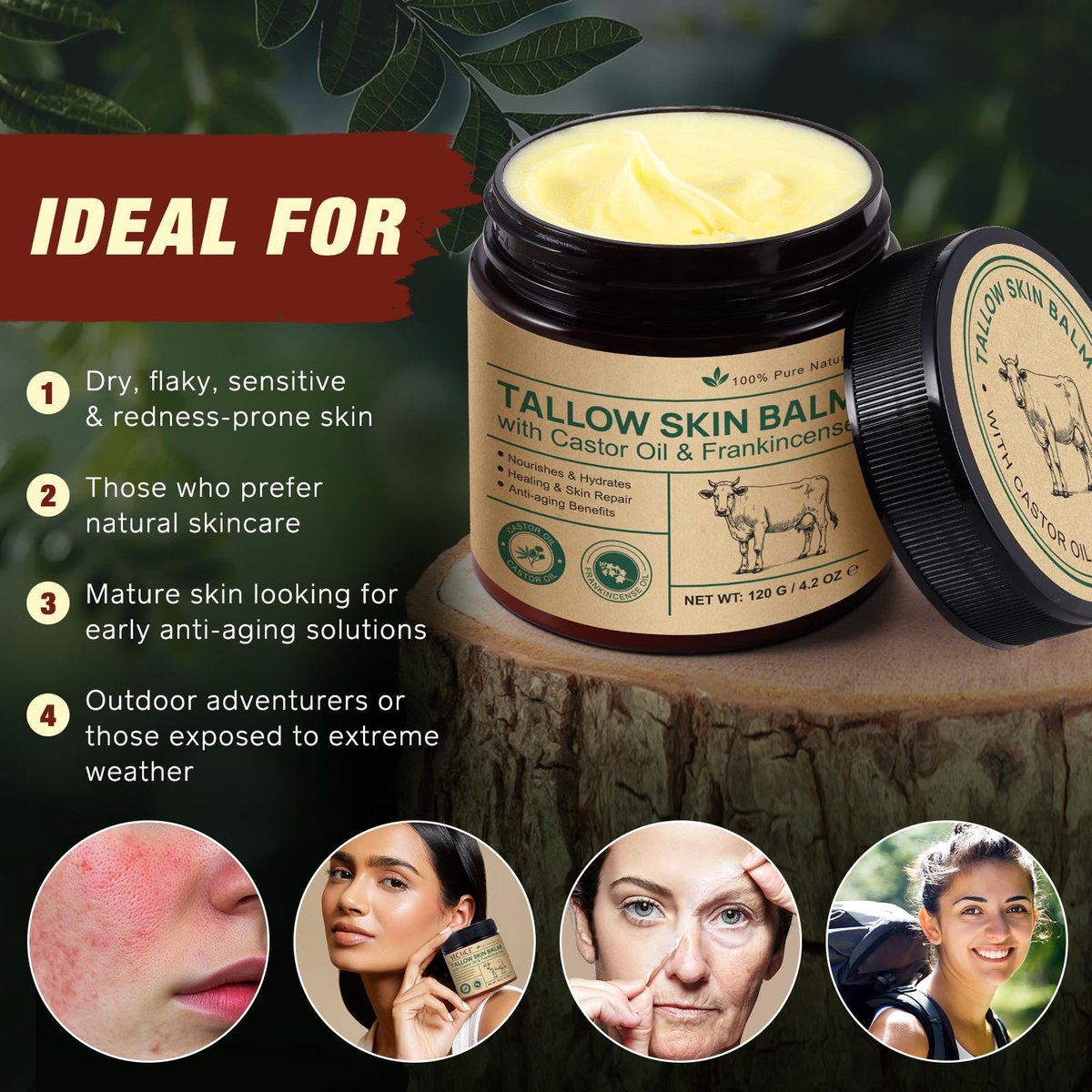ZIXAOK 100% Grass-Fed Tallow, Organic Castor & Frankincense Oil Face Balm - Anti-Aging Feuchtigkeitscreme für empfindliche & trockene Haut, repariert die Hautbarriere, handgefertigt für Gesicht & Körper, 4,2 oz