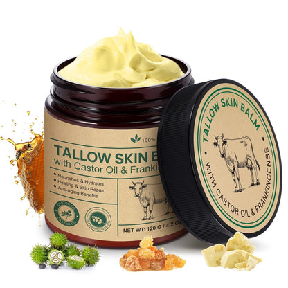 ZIXAOK 100% Grass-Fed Tallow, Organic Castor & Frankincense Oil Face Balm - Anti-Aging Feuchtigkeitscreme für empfindliche & trockene Haut, repariert die Hautbarriere, handgefertigt für Gesicht & Körper, 4,2 oz