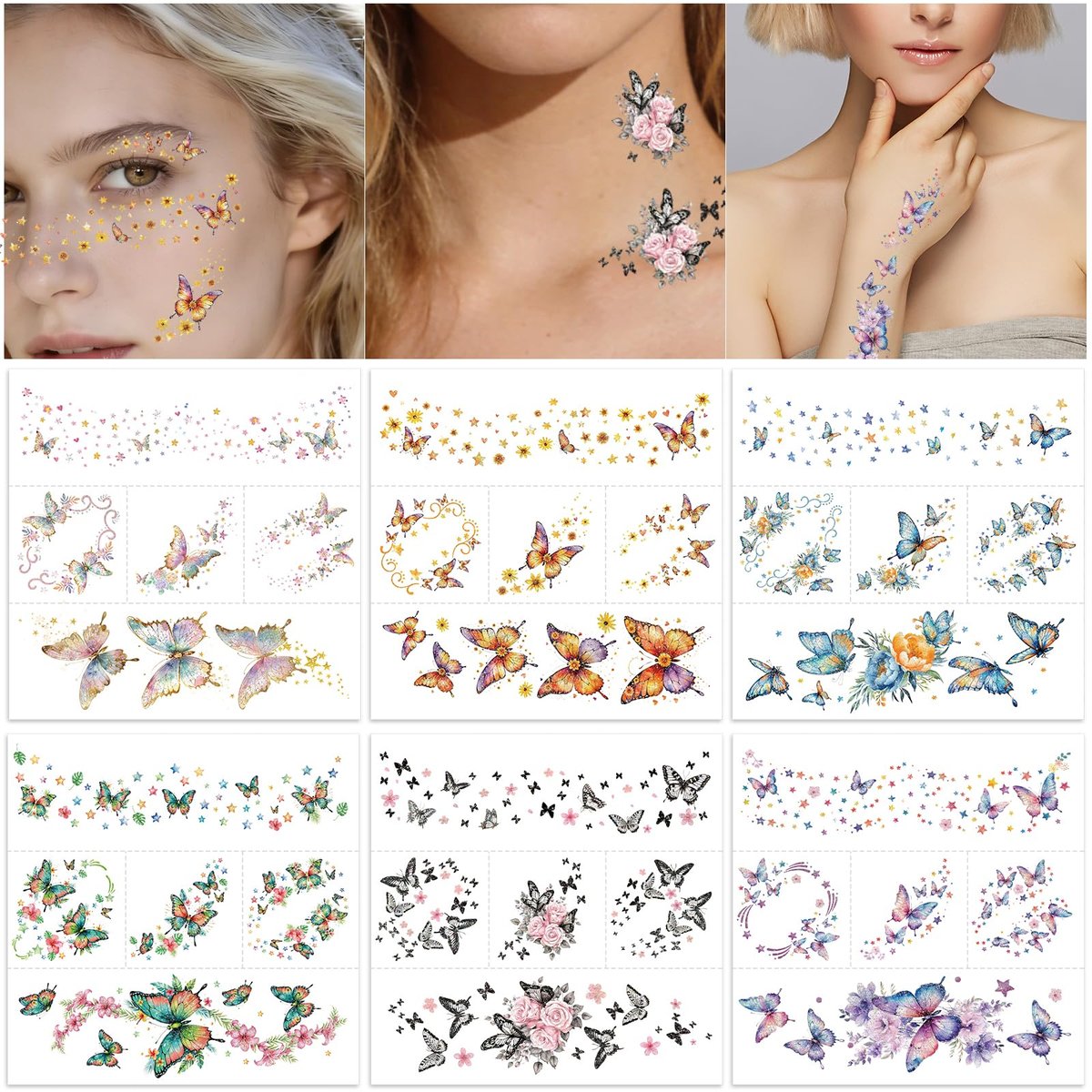 Fancy Land Glitzer-Schmetterling Sommersprossen Gesichtstattoos – 30 Stück temporäre Tattoos mit funkelnden Schmetterlingen für Frauen und Kinder, ideal für Frühlings-, Sommer-, Festival-, Rave-, Karneval-, Party- und Konzertaccessoires