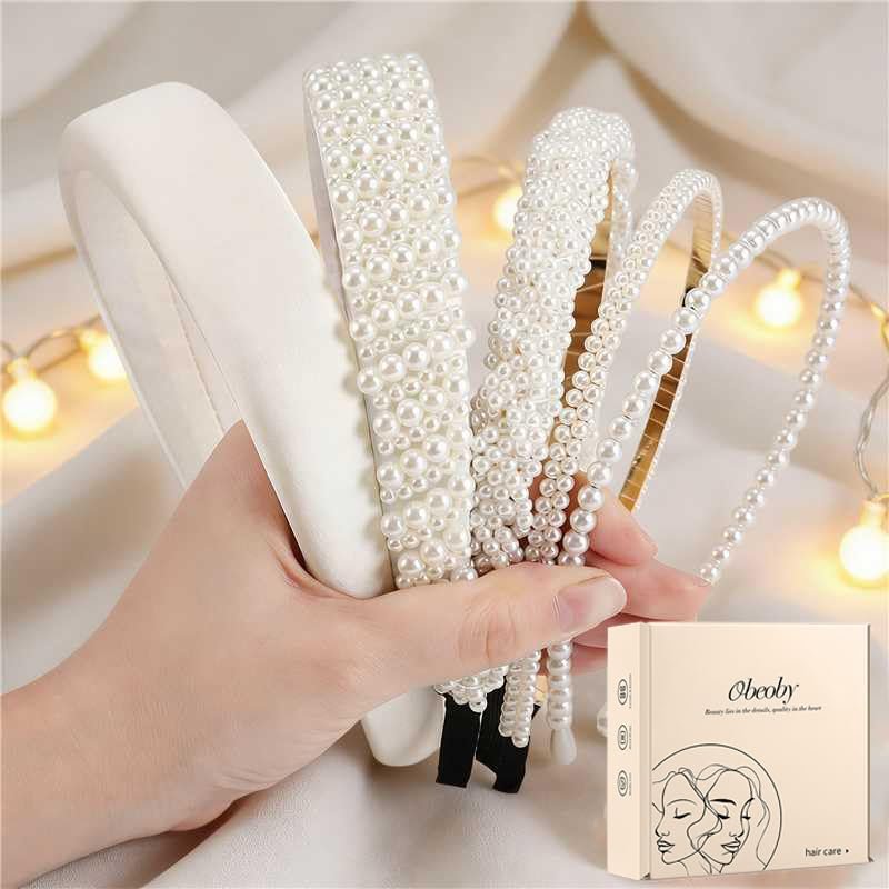 obeoby Weiße Braut-Stirnbänder mit Perlen – 5er-Pack Perlen-Stirnbänder mit Strass für Hochzeit, Party, Brautgeschenke, Haarschmuck