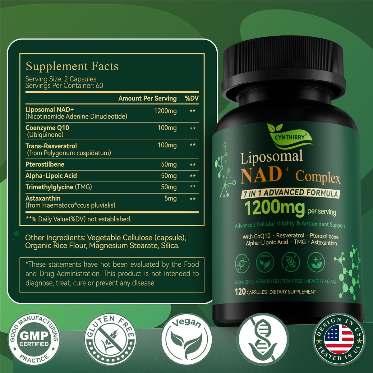 Cynthirry Liposomales NAD+ Supplement mit Resveratrol, CoQ10 | Fortschrittliche zelluläre Unterstützung, Nicotinamid-Ribosid NMN Ersatz, Premium Antioxidans & Energie