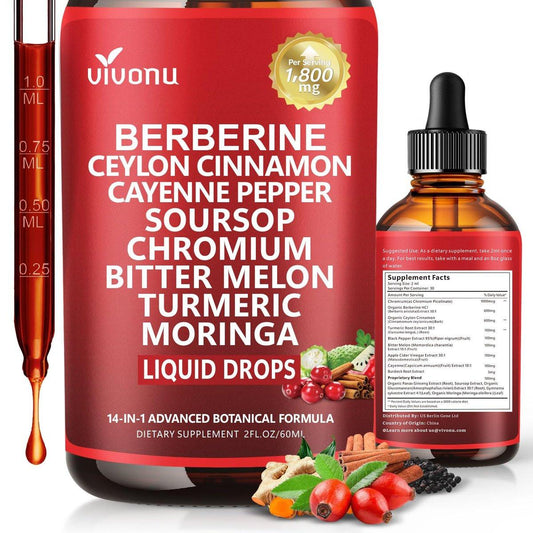 14-in-1 Berberin mit Ceylon-Zimt Nahrungsergänzungsmittel Liquid Drops, 1800mg + 30:1 Liposomale Technologie mit Cayennepfeffer, Soursop, Chrom, Bittermelone, Kurkuma, Moringa, Gymnema, Glucomannan, GLP-Unterstützung