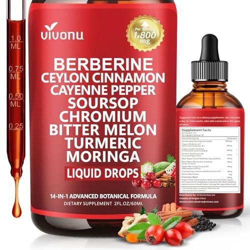 14-in-1 Berberin mit Ceylon-Zimt Nahrungsergänzungsmittel Liquid Drops, 1800mg + 30:1 Liposomale Technologie mit Cayennepfeffer, Soursop, Chrom, Bittermelone, Kurkuma, Moringa, Gymnema, Glucomannan, GLP-Unterstützung