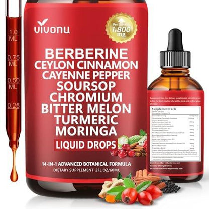 14-in-1 Berberin mit Ceylon-Zimt Nahrungsergänzungsmittel Liquid Drops, 1800mg + 30:1 Liposomale Technologie mit Cayennepfeffer, Soursop, Chrom, Bittermelone, Kurkuma, Moringa, Gymnema, Glucomannan, GLP-Unterstützung