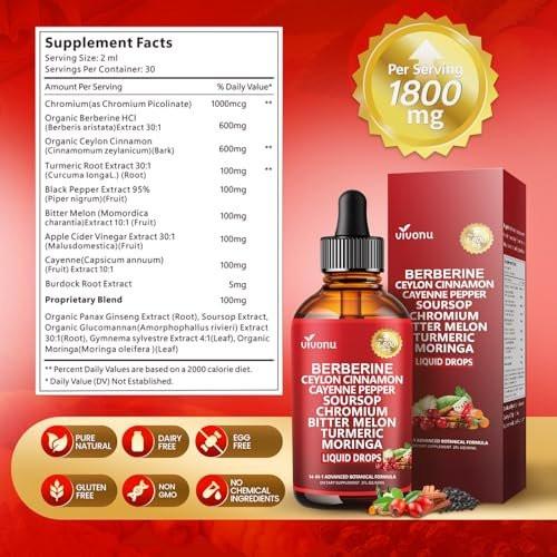 14-in-1 Berberin mit Ceylon-Zimt Nahrungsergänzungsmittel Liquid Drops, 1800mg + 30:1 Liposomale Technologie mit Cayennepfeffer, Soursop, Chrom, Bittermelone, Kurkuma, Moringa, Gymnema, Glucomannan, GLP-Unterstützung