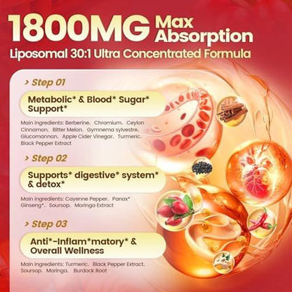 14-in-1 Berberin mit Ceylon-Zimt Nahrungsergänzungsmittel Liquid Drops, 1800mg + 30:1 Liposomale Technologie mit Cayennepfeffer, Soursop, Chrom, Bittermelone, Kurkuma, Moringa, Gymnema, Glucomannan, GLP-Unterstützung