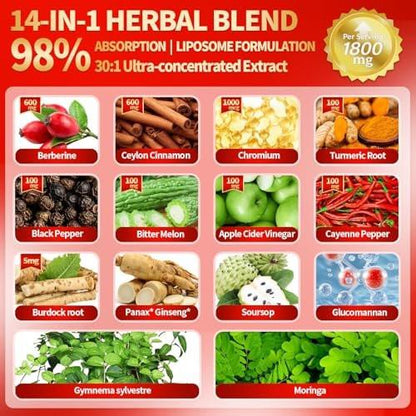 14-in-1 Berberin mit Ceylon-Zimt Nahrungsergänzungsmittel Liquid Drops, 1800mg + 30:1 Liposomale Technologie mit Cayennepfeffer, Soursop, Chrom, Bittermelone, Kurkuma, Moringa, Gymnema, Glucomannan, GLP-Unterstützung