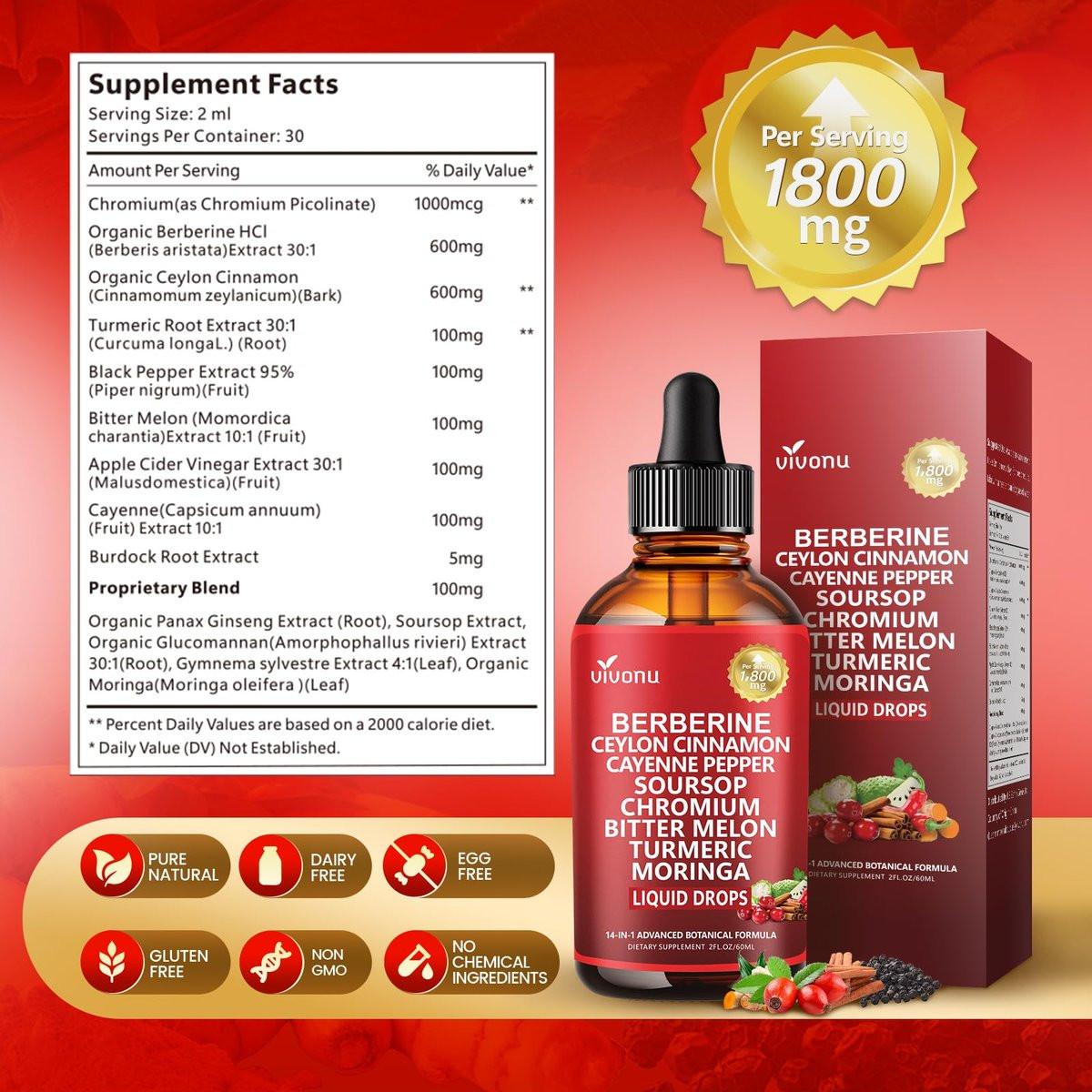 14-in-1 Berberin mit Ceylon-Zimt Nahrungsergänzungsmittel Liquid Drops, 1800mg + 30:1 Liposomale Technologie mit Cayennepfeffer, Soursop, Chrom, Bittermelone, Kurkuma, Moringa, Gymnema, Glucomannan, GLP-Unterstützung