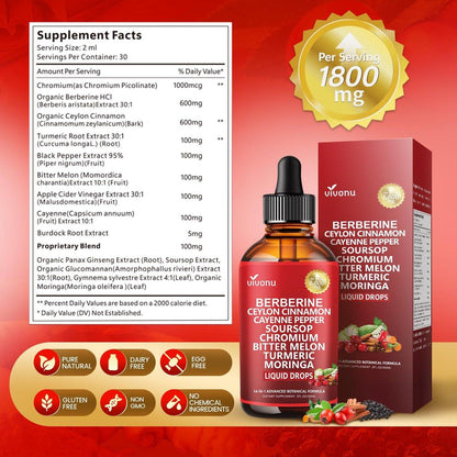 14-in-1 Berberin mit Ceylon-Zimt Nahrungsergänzungsmittel Liquid Drops, 1800mg + 30:1 Liposomale Technologie mit Cayennepfeffer, Soursop, Chrom, Bittermelone, Kurkuma, Moringa, Gymnema, Glucomannan, GLP-Unterstützung
