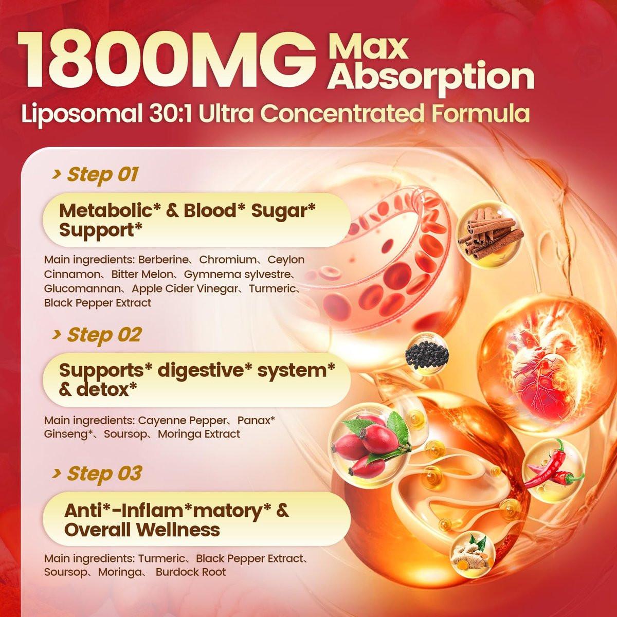 14-in-1 Berberin mit Ceylon-Zimt Nahrungsergänzungsmittel Liquid Drops, 1800mg + 30:1 Liposomale Technologie mit Cayennepfeffer, Soursop, Chrom, Bittermelone, Kurkuma, Moringa, Gymnema, Glucomannan, GLP-Unterstützung
