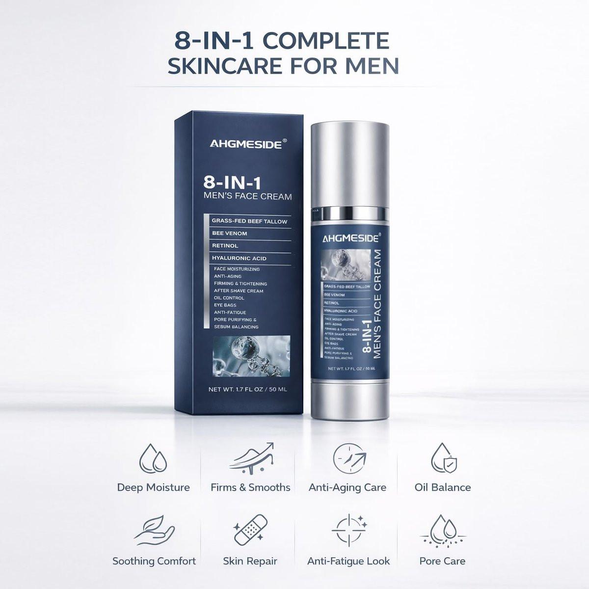 Ahgmeside 8-in-1 Gesichtscreme für Männer – Anti-Aging Tagesfeuchtigkeitscreme mit Hyaluronsäure & Sheabutter – Glättet Falten und reduziert Schwellungen – Leichte Männerformel, 50 ml