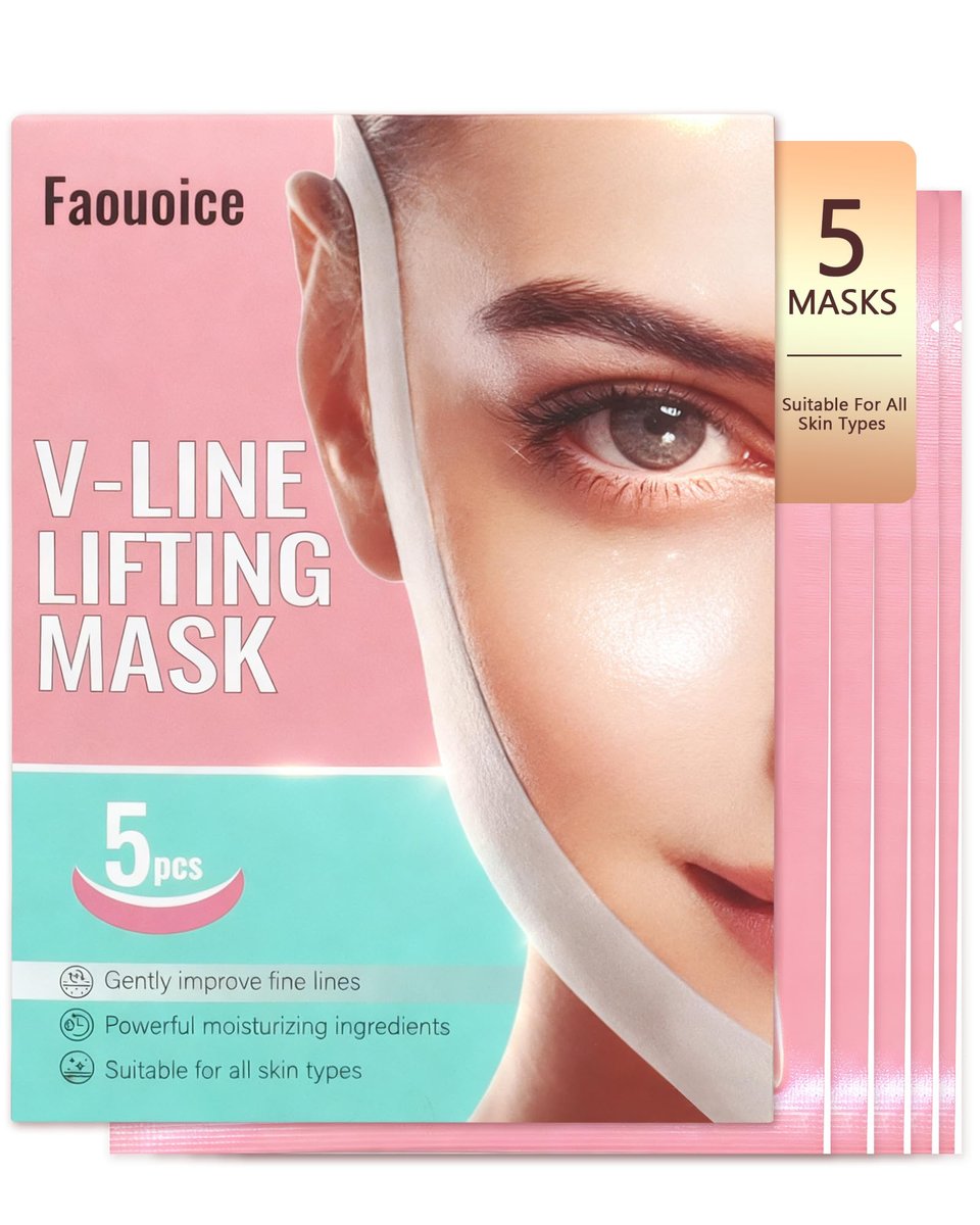Faouoice V-Line Lifting Collagen Gesichtsmaske (5 Stück), Doppelkinn-Reduzierer mit Hyaluronsäure & Aloe Vera, Tiefenwirksame Kollagen-Gesichtsmaske für Frauen, Kinn-Lifting-Masken, Kieferlinienformer, Nackenfaltenpflaster