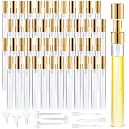 50 Stück Mini Glassprühflasche 10 ml – Feine Nebelzerstäuber, nachfüllbare Reisezerstäuber für Parfüm, Haar, kleine leere Probenbehälter, tragbar (Gold)