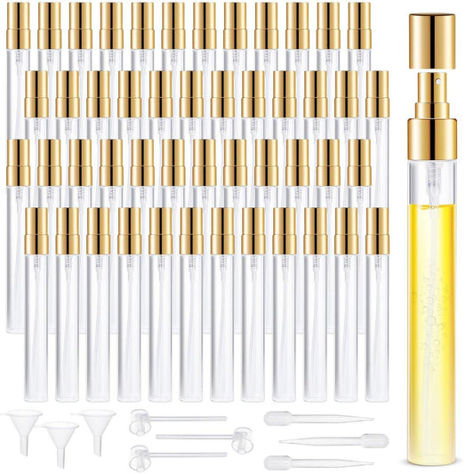 50 Stück Mini Glassprühflasche 10 ml – Feine Nebelzerstäuber, nachfüllbare Reisezerstäuber für Parfüm, Haar, kleine leere Probenbehälter, tragbar (Gold)