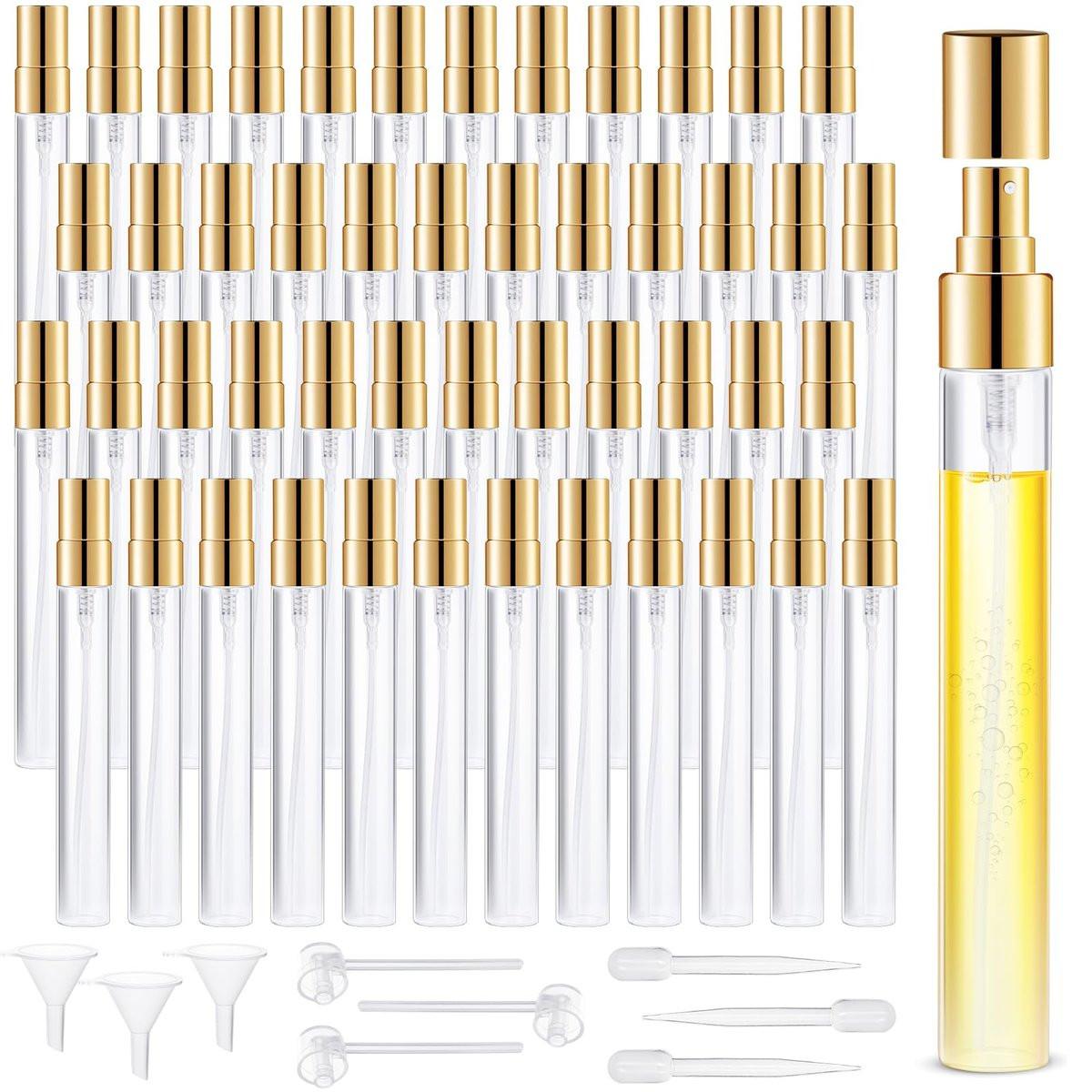 50 Stück Mini Glassprühflasche 10 ml – Feine Nebelzerstäuber, nachfüllbare Reisezerstäuber für Parfüm, Haar, kleine leere Probenbehälter, tragbar (Gold)