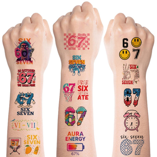 100 Stück 6 7 Meme Temporäre Tattoos Aufkleber Set für Erwachsene und Jugendliche, Lustige Six Seven Wasserfeste Partygeschenke