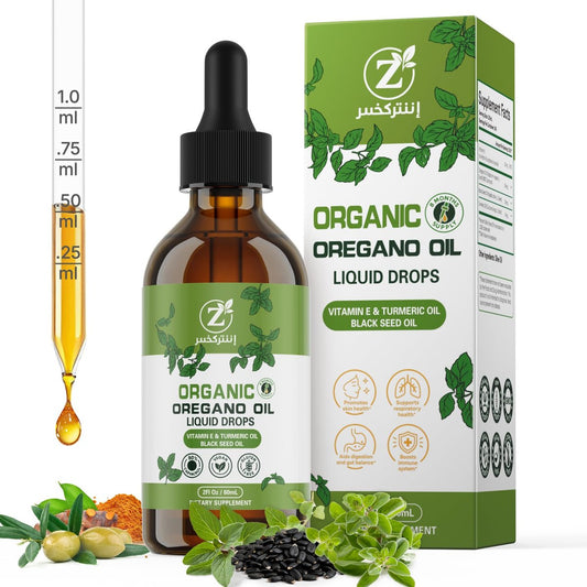 MornThrive Oreganoöl Bio Tropfen - 80% Carvacrol, extra stark & unverdünnt - mit Schwarzkümmelöl, Kurkuma & Vitamin E - Nahrungsergänzungsmittel für Immun- und Verdauungsunterstützung - vegan, 60 ml