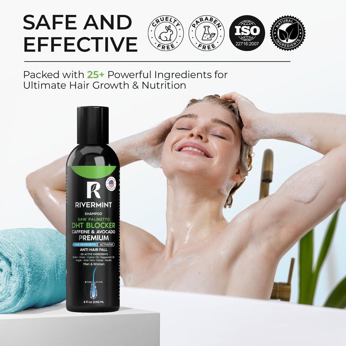 Rivermint Haarstärkendes Minoxidil Shampoo mit Rizinusöl, Biotin, Avocadoöl, Koffein, Sägepalme, Zwiebel und Redensyl – für Männer und Frauen, sulfatfrei, parabenfrei, 237 ml