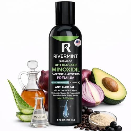Rivermint Haarstärkendes Minoxidil Shampoo mit Rizinusöl, Biotin, Avocadoöl, Koffein, Sägepalme, Zwiebel und Redensyl – für Männer und Frauen, sulfatfrei, parabenfrei, 237 ml