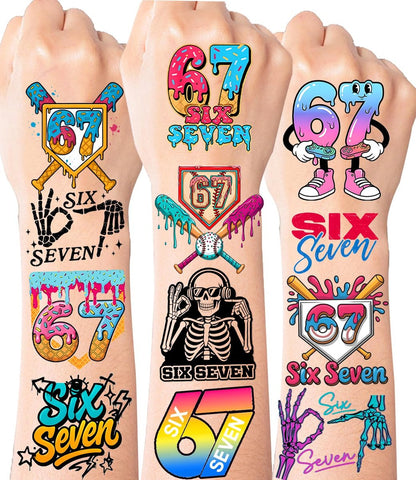 Lustige Six Seven Tattoos für Erwachsene und Kinder – Temporäre Tattoos mit Donut, Eis, Baseball, Meme, Elf und Santa Motiv