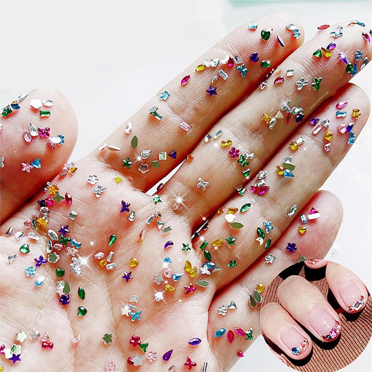 AWDSLUY 3000-teilige bunte Strasssteine Nagelkunst-Anhänger – 3D Mini Herz, Stern, Blume Nagelgems, mehrfarbige Kristall-Flachrückseite Strass, Kawaii Nagelhandwerk Acryl Nageldiamanten für Damen Nagel