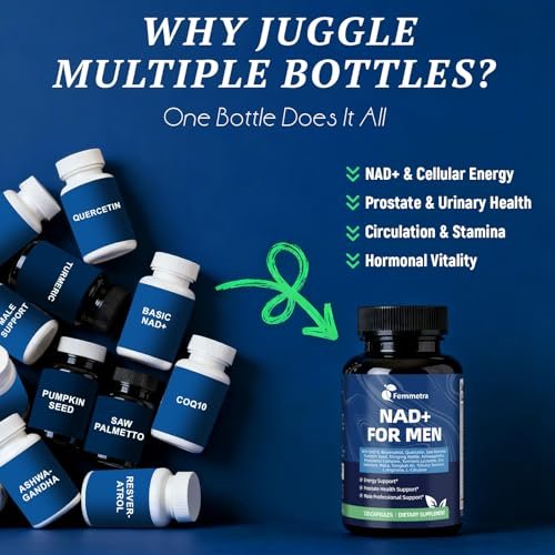 Femmetra NAD+ Nahrungsergänzungsmittel für Männer mit Sägepalme | All-in-One Zellenergie, Prostatagesundheit & Stickstoffmonoxid mit Resveratrol, L-Arginin | Non-GMO, 120 Kapseln